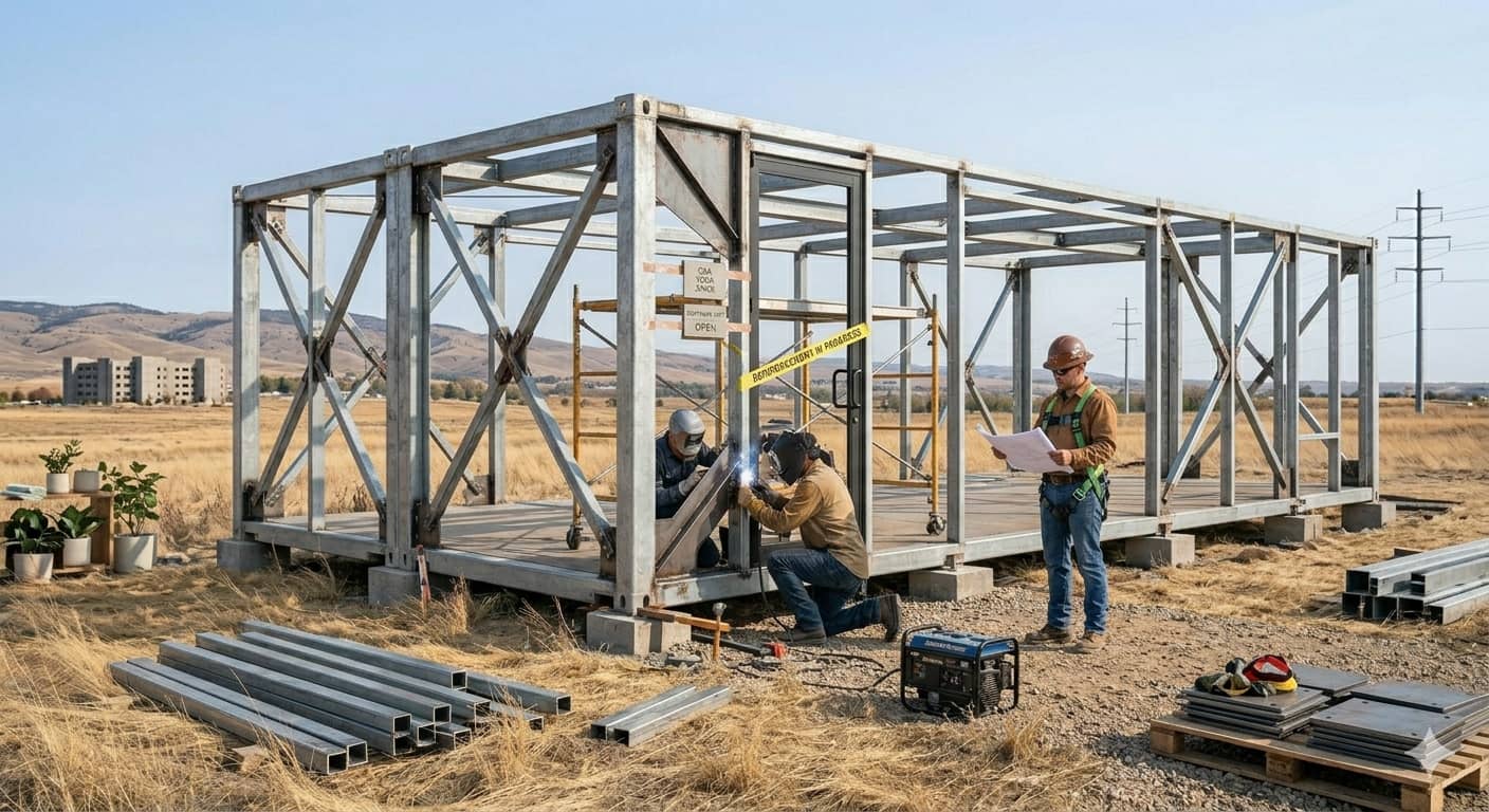 Structural steel frame of a prefab unit being reinforced