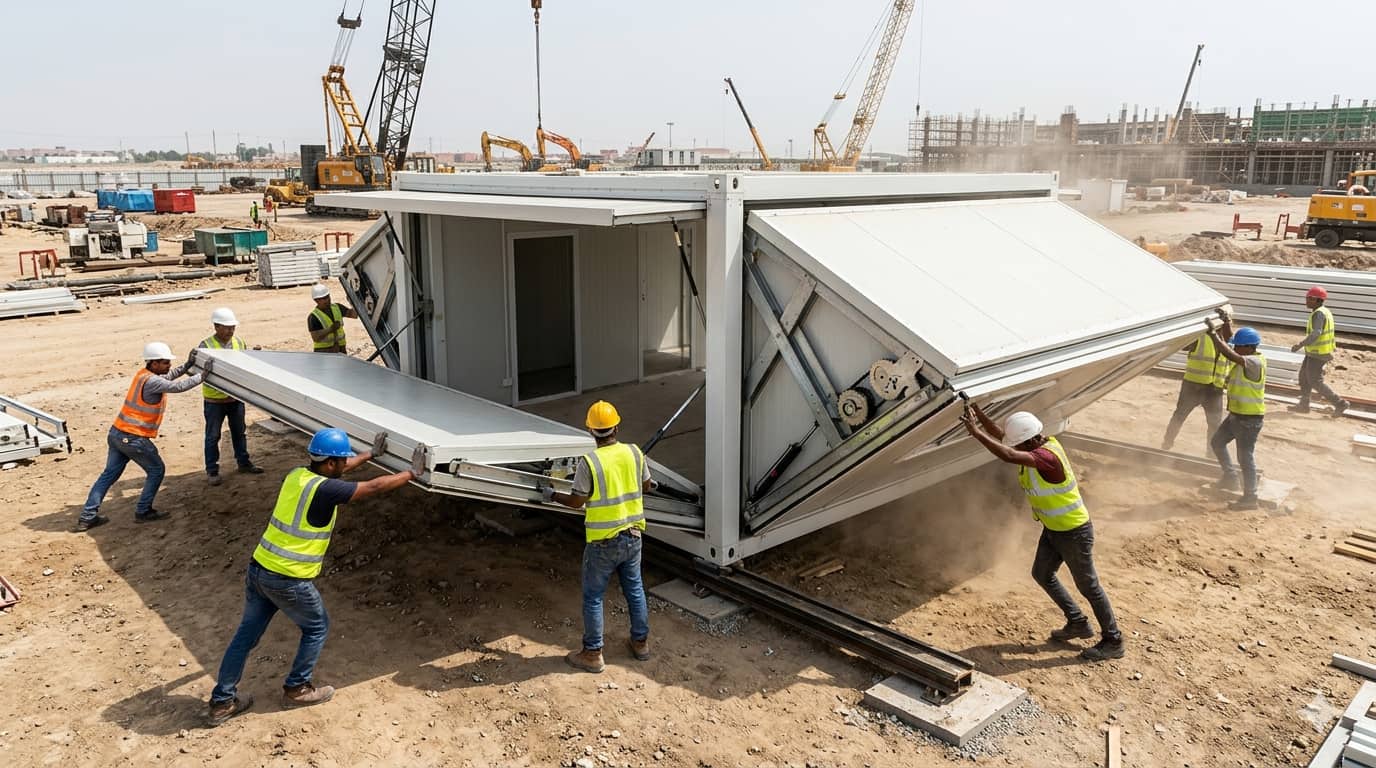 Workers quickly unfolding an expandable modular building on site
