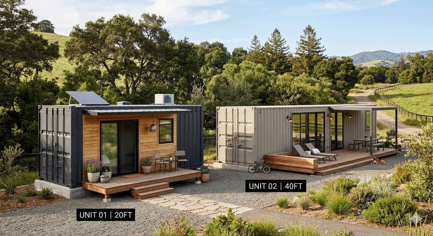 Two container homes, one 20ft and one 40ft, side by side