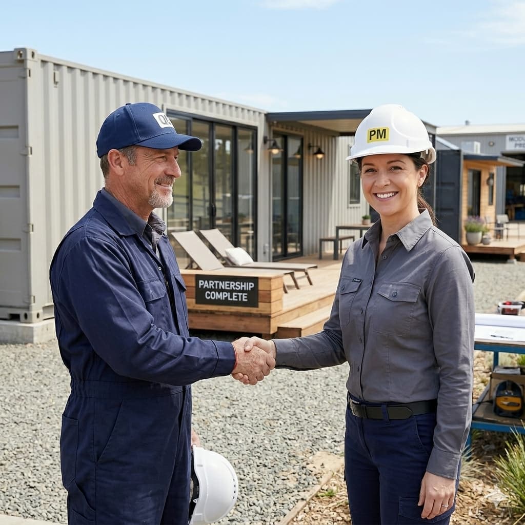 Two business people shaking hands in front of a completed modular building project